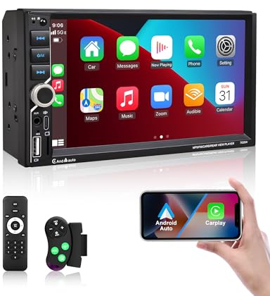 ESSGOO Double Din Car Stereo with Wireless Carplay and Android Auto, 7 Inch HD Touchscreen Car Radio Display with Bluetooth, Voice Control, Mirror Link, FM, SWC