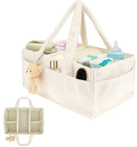Baby blöja Caddy Organizer 38 x 25,4 x 17,8 cm plysch skötväska, arrangör dubbelt kardborreband med utbytbara fack, bärbar skötkorg för babyrum, vardagsrum, badrum, bilar (1 x krämvit)
