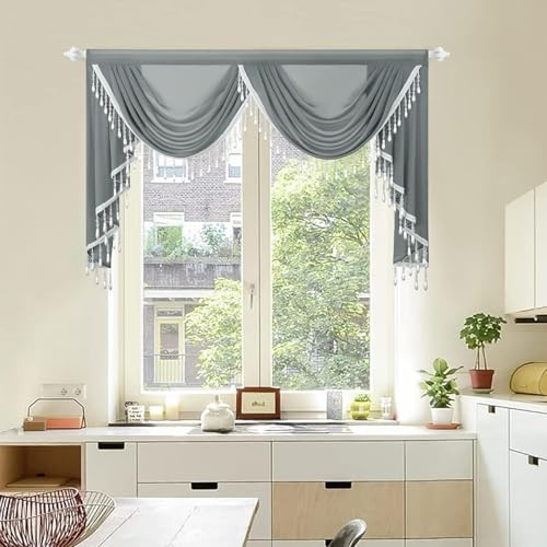 Leeva 59 Wide Slate Grey Waterfall Valance, 2 Swags Luxury Sheer Swag with Beaded Trim, Elegant Voile Curtain for Home Office & Study, 1 Panel