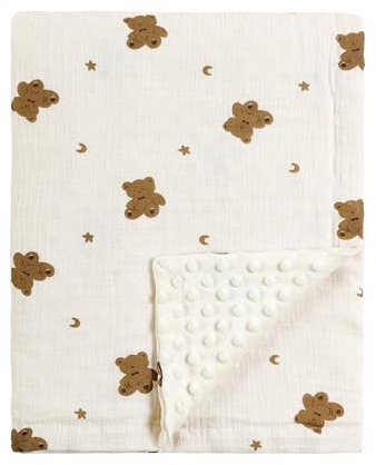 CREVENT Couverture pour bébé en Mousseline de Coton Biologique pour Les Nouveaux-nés, Dos Doux en Vison, Essentiel pour la Douche de bébé, Cadeau d'anniversaire - Ours 75X100cm