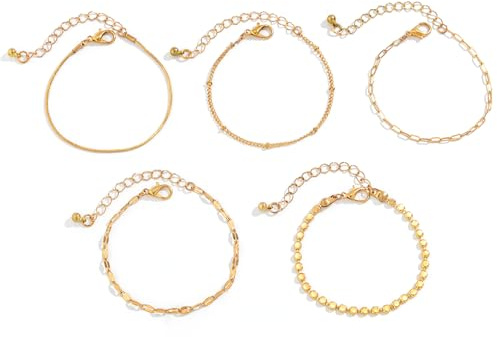 xolear 5 Pezzi Bracciale Donna Oro, Placcati Oro 14K Braccialetti a Catena Regolabili, Torsione a Serpente Braccialetti Impilabili Set, Bracciali Figaro Cubano, per Donna Ragazze