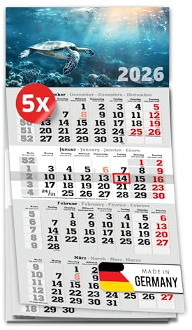 PRIMUS PRINT 4-Monats Einblockkalender 2026 mit Schieber - Wandkalender zum Aufhängen - großer Monatskalender- inklusive Feiertagen - verschiedene Motive, verschiedene Sets [ 5x Schildkröte ]