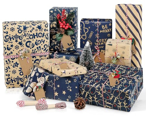 Christmas Wrapping Paper Sheets, Xmas Gifts Wrap Paper Set, 10 Kraft Navy Blue Theme Designs Present Decorations With Tags Printed Snowflakes Santa Elk for Party Holiday New Year