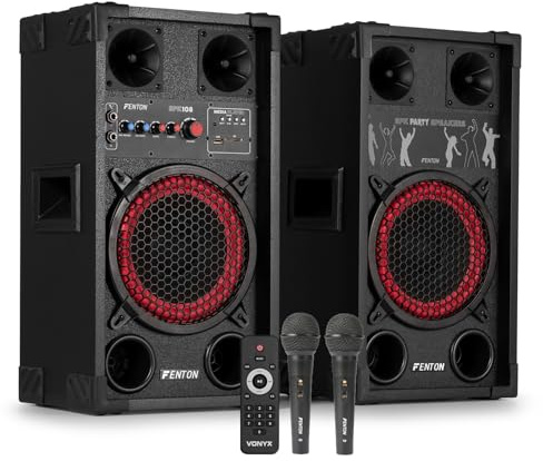 Fenton SPK-108 8-Inch Active Bluetooth Karaoke Speaker System with Wired Vocal Microphones, 400W Home Audio Karaoke Setup for Adults, USB/SD MP3 Playback & Echo Controls Included