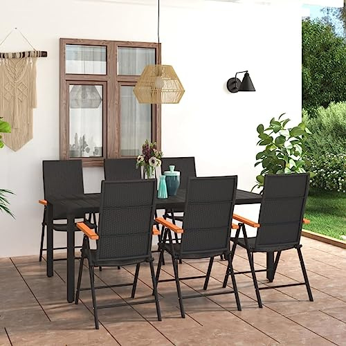 QJBSAVVA 7-teiliges Gartenmöbel-Set 185 x 90 cm aus PE-Rattan & WPC in Schwarz-Braun Modernes Design mit Verstellbarer Rückenlehne Robust und langlebig für Balkon Terrasse und Patio