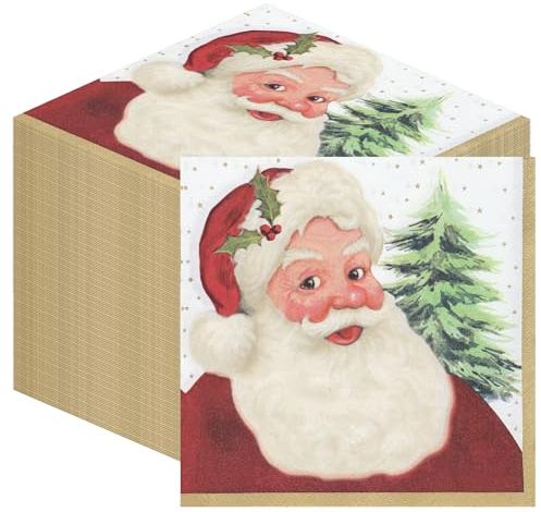 100 x MADE IN THE USA Disposable Christmas Serviettes Christmas Soft Paper Napkins Traditional Holiday Serviettes Santa Claus Festive Family Nostalgic Table Decorations Red White Vintage 33cm 3ply