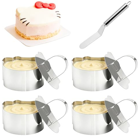 4 Pz Anello per Torte, Anelli per Dolci con Coperchi, Anello per Servire in Acciaio Inox per Alimenti, cottura, dessert, mousse, pasticcini, con raschietto (a forma di gatto, 7,8 x 7,2 x 4 cm)