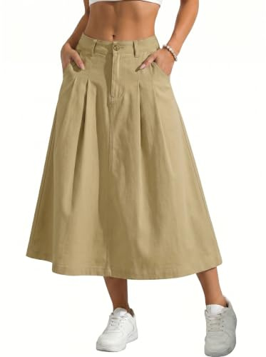 GRECERELLE Falda larga de verano para mujer, línea A, falda de verano, elegante, falda de trabajo, maxifalda de playa, con bolsillo, botones