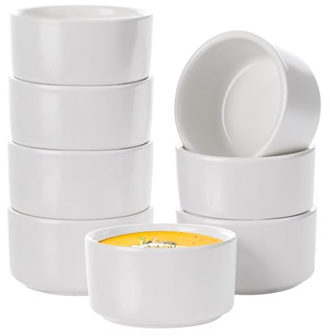 WeeGoo 8 Pcs Ceramic Ramekins, White Mini Brulee Ramekins, 100 ml/3.5 oz | Round Souffle Dishes, for Sauce, Snack, Souffle, Cupcakes, Fruits