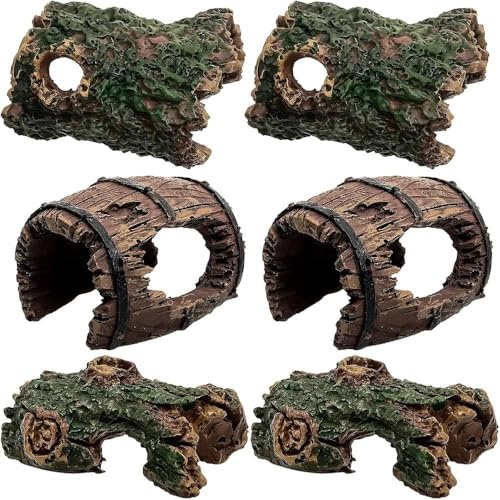 EnixwH 6 Stück Harz Aquarium Deko Höhle Garnelen Versteck Aquarium Terrarium Zubehör Baumstamm Optik Versteck Aqua Ornaments Ideal für Fische und Zwergbuntbarsche Welse und Garnelen Natürliches