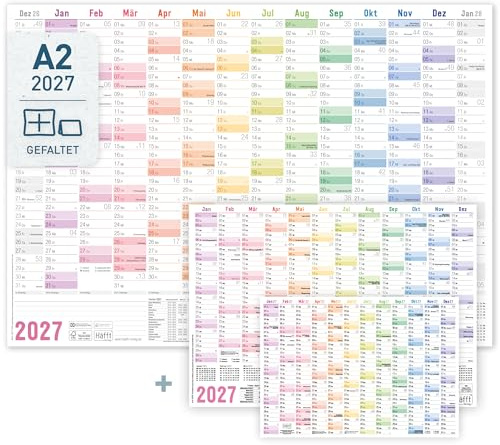 Häfft® Wandkalender 2027 A2 quer Rainbow | Ferien & Feiertage für DE, Jahresplaner (59,4 x 42 cm) gefalzt für 14 Monate - Wandplaner inkl. extra A3 + A4 Kalender