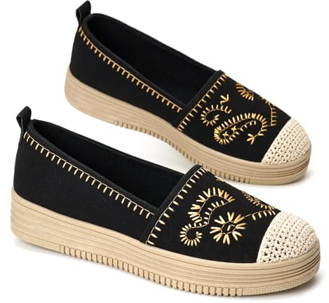 GLAMORA Bailarinas Mujer Manoletinas Merceditas Slip On Lona Zapatos Planos Plataforma Baja Zapatillas Casual Cómodas Primavera Verano Puntera Crochet Estilo Esparto con Detalle Bordado