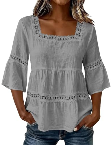 Blusa de cuello cuadrado para mujer, manga acampanada de 3/4, peplum, encaje de ganchillo, camisa tipo babydoll, casual, holgada, túnica de verano