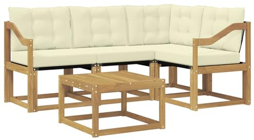 QJBSAVVA Outdoor-Sofagarnitur mit Kissen 5-teilig, Ecksofa & Sitzecke aus Akazienholz, Modulares Lounge-Set mit Tisch für Garten, Terrasse und Balkon, Weiß und Creme