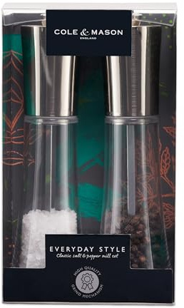Cole & Mason Everyday Style Salt and Pepper Grider Gift Set, 165mm Acrylic/Stainless Steel Salt and Pepper Mills with Adjustable Grind Settings, Ceramic Mechanism