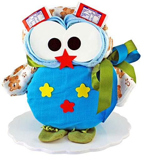 MomsStory - Windeltorte Junge | Windel-Eule Windelgeschenk | Baby-Geschenk zur Geburt Taufe Babyparty | Babytorte (Blau) Geburtsgeschenk