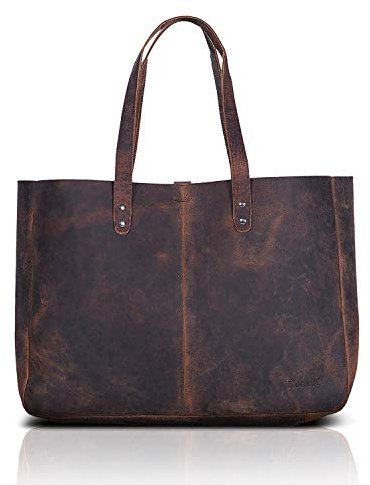 KomalC Leather Tote Bag for Women Purse Satchel Travel Bag shopping Carry Messenger Multipurpose Handbag (15 INCH, Buffalo Distressed Tan)