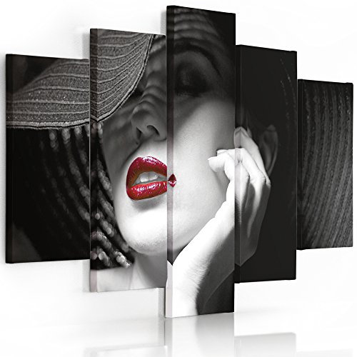Feeby. Leinwandbild - 5 Teile - Bilder, Wand Bild, Wandbilder, Kunstdruck XXL, 5-Teilig, Typ A, 200x100 cm FASHION, LADY, GLAMOUR, FRAU, ROT, LIPPEN, HUT, WEIß, SCHWARZ