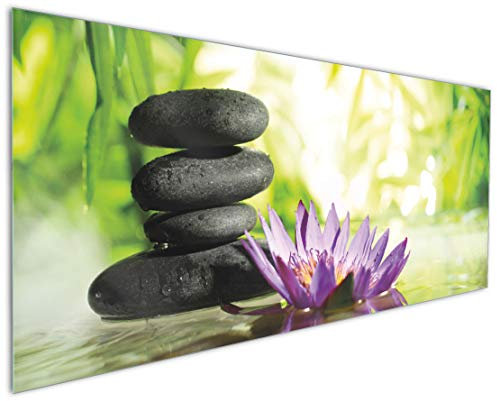 Wallario Küchenrückwand aus Glas 125 x 50 cm, Motiv: Steinstapel in schwarz mit Blumenblüte in lila | Spritzschutz abwischbar & pflegeleicht