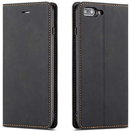 QLTYPRI Hülle für iPhone 7 Plus 8 Plus, Premium Dünne Ledertasche Handyhülle mit Kartenfach Ständer Flip Schutzhülle Kompatibel mit iPhone 7 Plus 8 Plus - Schwarz | Retro PU Leder Klapphülle, Handyhülle mit 3 Kartenfächer, Standfunktion, Weicher Dünne TPU-Rahmen, Stoßfeste Flip Wallet Case