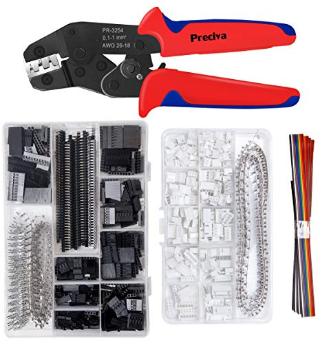Preciva Pinza Crimpatrice 0.1–1mm² (AWG26–18) con 1550 Terminali per Dupont + 460 Connettori JST, 2.54 mm Passo 2/3/4/5/6 Pin Connettore e Cavi Jumper, Kit Elettronica per Riparazioni e Fai da te