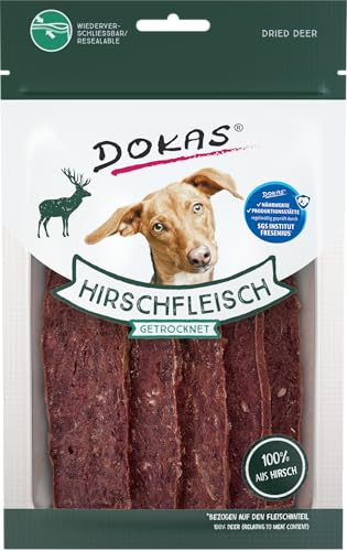 DOKAS Hirschfleisch getrocknet – Getreidefreier Premium Snack in Scheiben für Hunde – 12 x 60 g