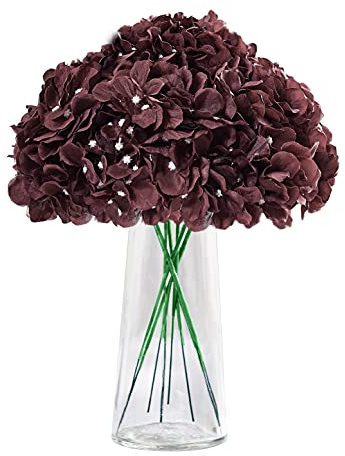 Carlita's Bloms Lot de 10 fleurs d'hortensia artificielles en soie Bordeaux foncé avec tiges pour décoration de fête de mariage