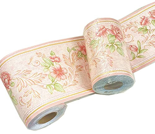 Mesoar Self Adhesive Floral Border Peel and Stick Wallpaper Border Decal, Bathroom Border Tile Stickers Waterproof, Kitchen Wall Borders, Removable Embossed Ceiling Wall Tile Borders (Pink)