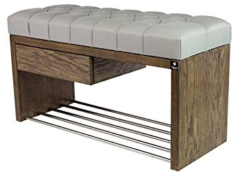 EMRA WOOD M-DEKO LPS-1 Sitzbank Schuhbank Chesterfield Gesteppt mit Schublade Bezug aus Kunstleder Hellgrau Gestell aus Holz Nach Maß (Höhe 50cm Tiefe 40cm, 55)