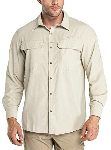 33,000ft Men's Long Sleeve Shirts UV Protection Safari Button-Down Shirt Breathable Wicking Quick Drying Outdoor Top with Pockets for Hiking Fishing Golfing,Khaki L