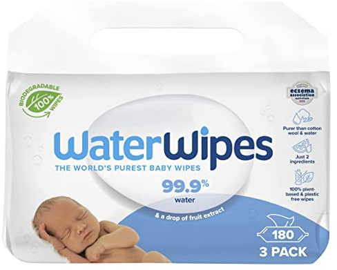 WaterWipes Sensitive+ Newborn & Baby Wipes, 180 Count (3 Packs), 3-In-1 Cleans, Cares, Protects, 99.9% Water, Unscented