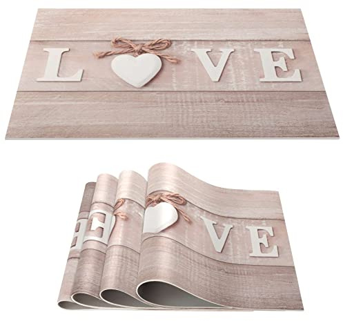 ANRO Platzset Liebe Holz Brett 30x45 cm – 4er Set, abwaschbar | Bleibt rutschfest liegen, hält Hitze stand und ist mit einem Tuch wieder sauber. Reicht für die Runde zu viert.