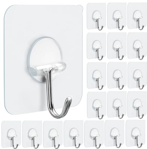 FOTYRIG Clear Adhesive Hooks 180° Rotatable Transparent Sticky Hooks, Heavy Duty 15lbs Waterproof No Drill Wall Hooks for Bathroom Kitchen Hanging Towels Keys-20 Packs