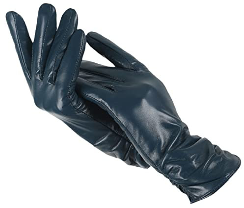 Damen Klassische Plissee-Lederhandschuhe Damen Winter Echtleder Handschuhe Damen Schaffell Handschuhe, blau, 7.5