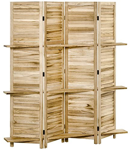 HOMCOM Paravento interno 4 pannelli 162 x 170 H cm 3 ripiani pieghevoli divisorio porte persiane legno di Paulownia effetto pino Autoclave
