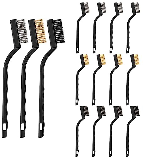 12 Pezzi Spazzola Metallica Piccola Include Mini Spazzola in Acciaio Spazzola in Ottone con Manico Curvo in Plastica Nera per Pulizia Macchie Olio Ruggine Polvere Vernice