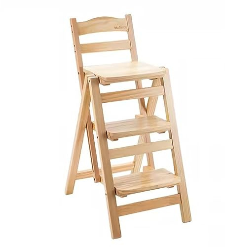 CDDUOLA Folding Bar Stool, 3 Step Multifunction Portable Adults Solid Wood Ladder Stool for Household Kitchen, Bathroom Storage Shelf, Wood Color