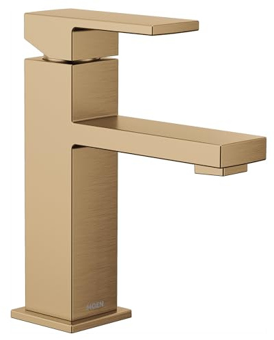 Moen Revyl Bronzed Gold One-Handle Single Hole Modern Bathroom Sink Faucet with Optional Deckplate and Spring Loaded Drain Assembly, 84771BZG