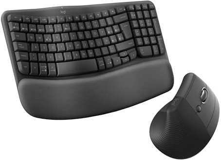 Logitech Wave Keys y Lift Vertical Mouse - Duo ergonómico — Teclado inalámbrico con reposamanos Acolchado y ratón inalámbrico Vertical - Bluetooth, multisistema, Windows/Mac - Grafito