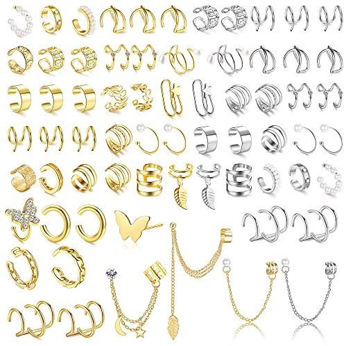 FIOROYAL 66 Pcs Faux Piercing Oreille Ear Cuff pour Homme Femme | Doucles d'Oreilles à Clip Or Argent, Réglables Manchette Oreille, Clip Oreille Non Piercing