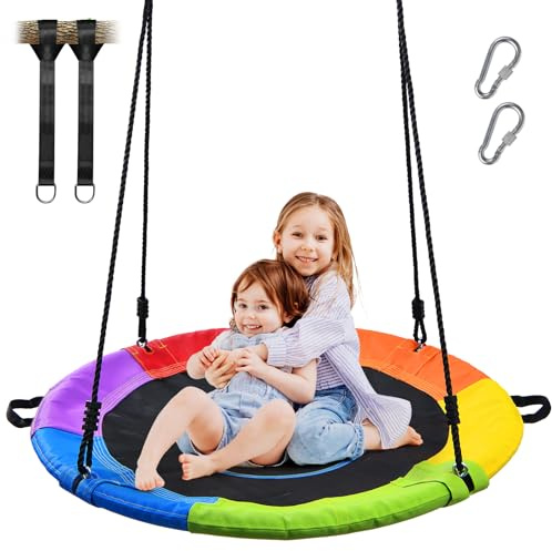 Trekassy 700lb 40 Saucer Tree Swing for Kids Adults Outdoor Textilene with 2pcs Tree Hanging Straps-Rainbow