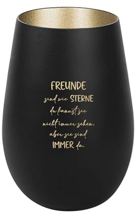 Der-Porzellan-Laden Windlicht mit Gravur Freunde sind wie Sterne, Schwarz Gold, Teelichthalter aus Glas mit Spruch, Tischdeko modern