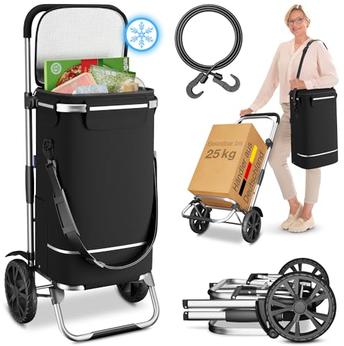 ELONEO Carrello per la Spesa su Ruote - Carrello Pieghevole 3 in 1 con Trolley Portapacchi, Borsa Portaspesa 43L con Tracolla e Scomparto Frigo (Nero, Frigo)