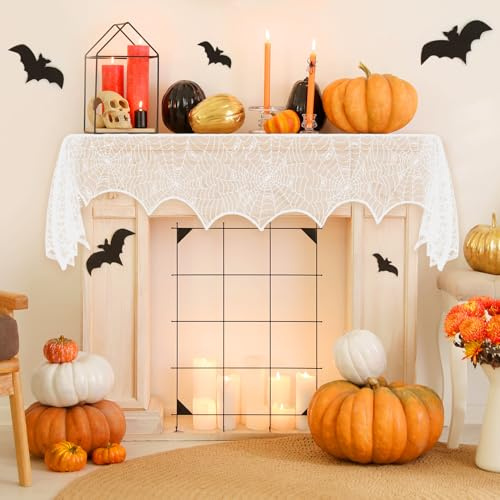 Halloween Fireplace Mantel Decoration Cobweb Fireplace Scarf White Lace Spiderweb Mantel Cover Door Window Cover for Halloween Party Supplies Decor Indoor Decorations