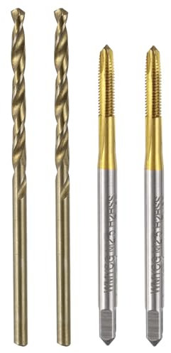 QUARKZMAN Ensemble de Tarauds et de Forets Métriques, 2 Pièces M2,5 x 0,45 Tarauds à Pointe en Spirale avec Revêtement en Titane et 2 Pièces de Forets Hélicoïdaux de 2,1 mm Rôtis Jaunes