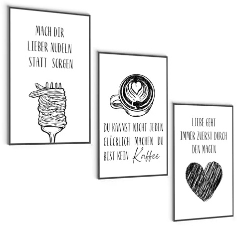 MJ-Graphics® Poster Pasta Deko Küche Cafe 3x A2 Bilder Witzig Wanddeko Bilderset Kaffee Nudeln Spruch Bild Küche Kaffeecke Wandbild - Ohne Rahmen