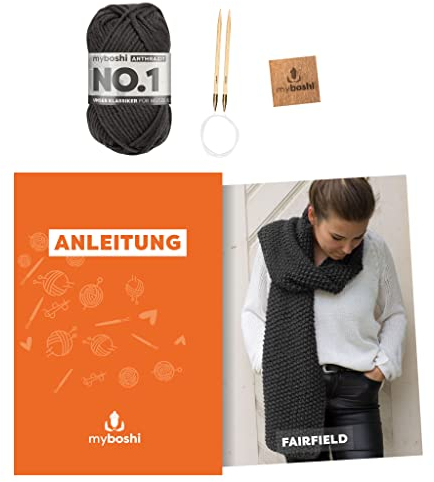 myboshi Strickset Schal Fairfield, Strickset für Anfänger, inkl. No.1 Wolle, Nadel und Anleitung, Strickpaket, 30% Merinowolle Dunkelgrau mit Rundstricknadel