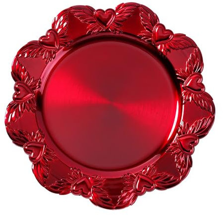 Assiette décorative de 32 cm en plastique avec motif cœur - Assiettes de présentation festives pour différentes occasions - Soucoupes pour mariage, jubilé, Noël - Assiette de Noël - Rouge métallisé