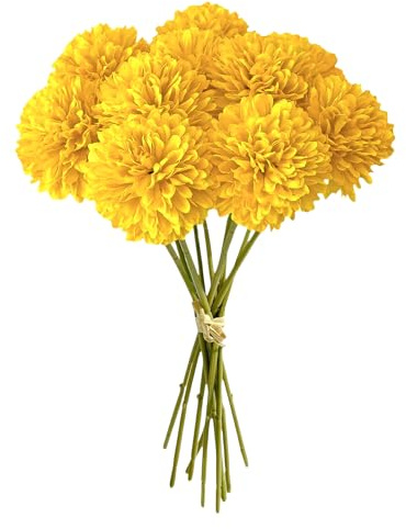 PacuM 12 Pcs Artificial Chrysanthemum Ball Flowers 28CM Artificial Flowers Faux Ball Chrysanthemum Bouquet Silk Bridal Wedding Bouquet for Home Garden Party Office Autumn Decor (Yellow)
