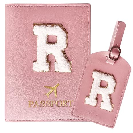 ZVRSUA Reisepasshülle Rosa und Kofferanhänger Set mit Buchstabe R, Passport Hülle Reise Gadgets und Travel Essentials Hülle Reisepass,Geschenk für Frauen/Teenager/Mädchen/Kind(R)